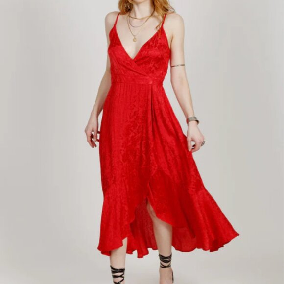 Band Of The Free Dress Womens L Ruby Red Anina Faux Wrap Mindi Tie Smocked Back - Picture 1 of 16